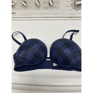 Preppy Victoria’s Secret PINK Plaid Push-Up Bra – Size 40C Navy Blue